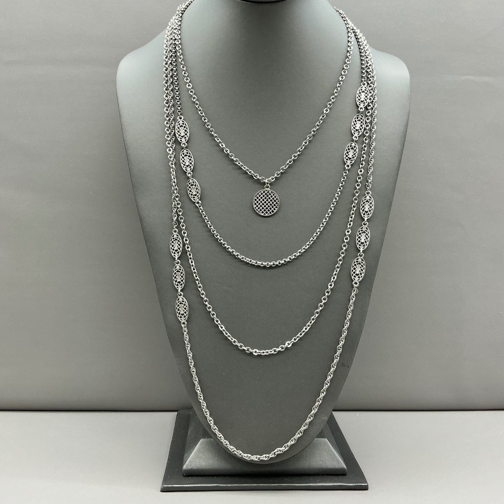 Multi Strand Layered Necklace Women Silver Tone Filigree Circle Pendant Vintage